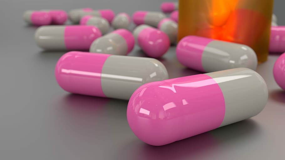 merah muda, pil obat, abu-abu, lantai, pil, obat, kapsul, sakit, antibiotik, resep