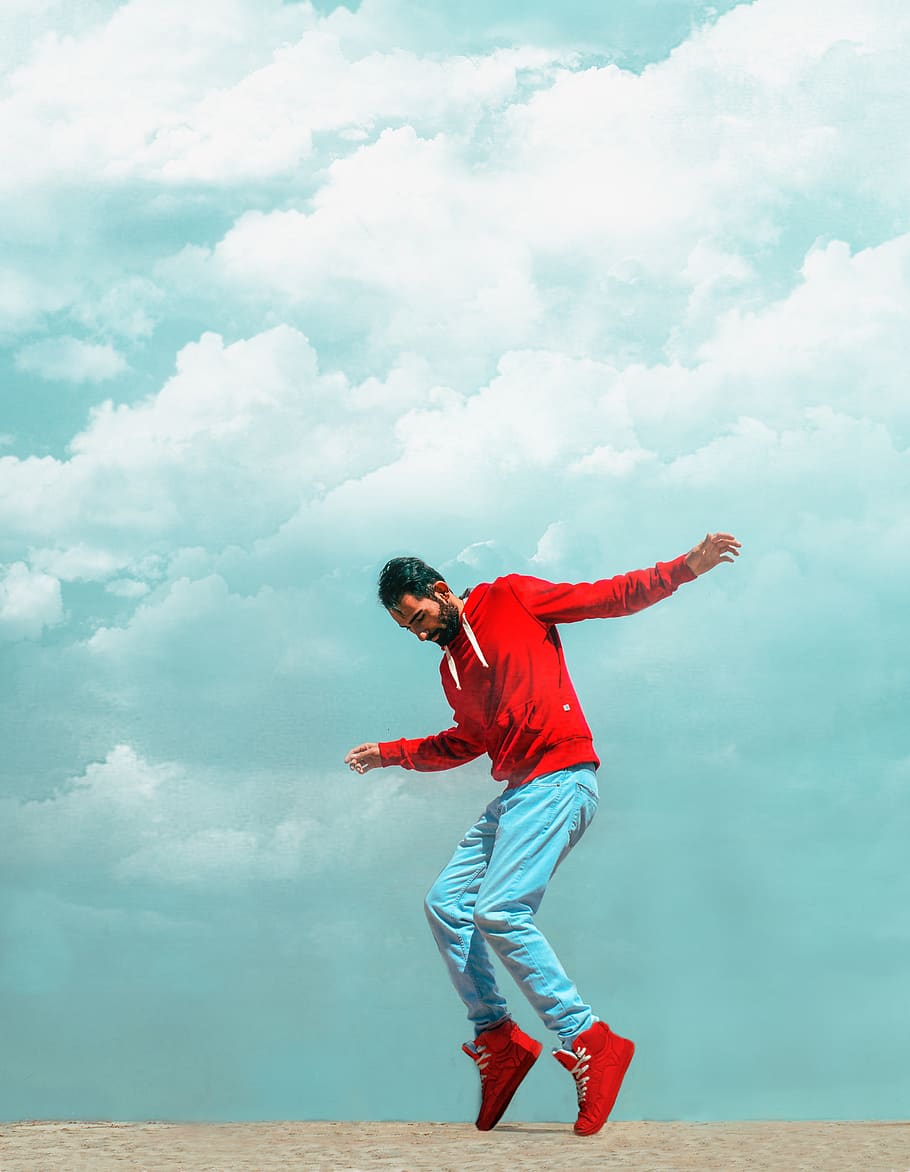 man, casual, dance, red, hoodie, sweatshirt, balance, fun, clouds, pose