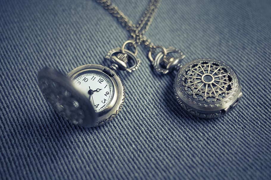 locket, pendant, necklace, watch, time, indoors, close-up, chain, pocket watch, clock