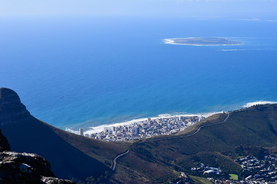 aerial from table mountain, south africa, cape town, mountain, rock, travel, coastline, ocean, city, robben island