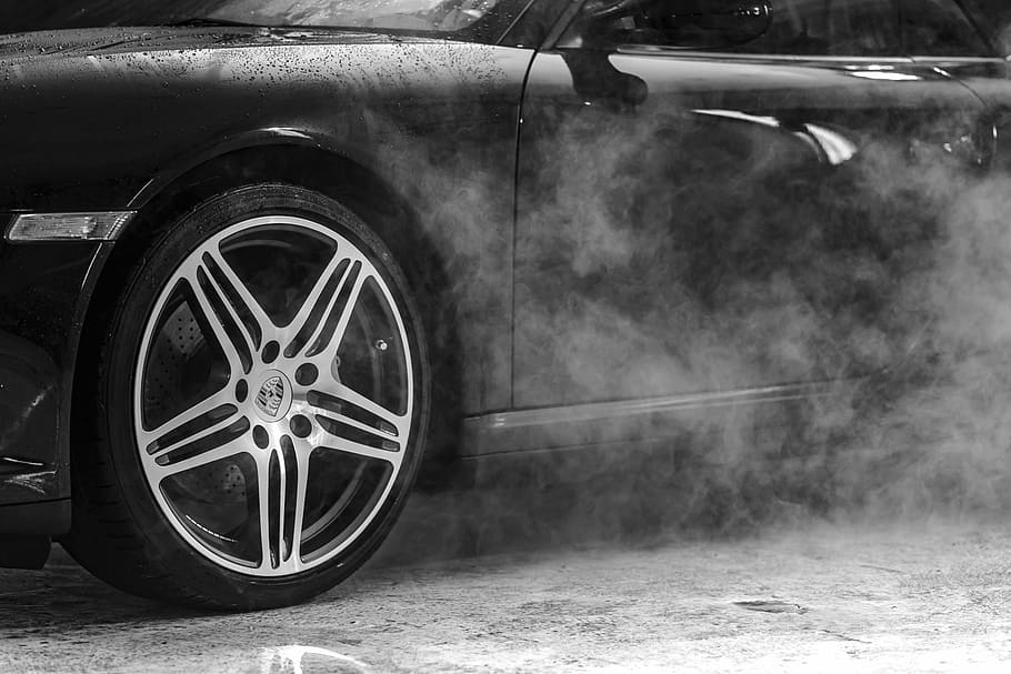 grayscale photography, porsche car, garage, car wash, car, smoke, steam, water, luxury, expensive