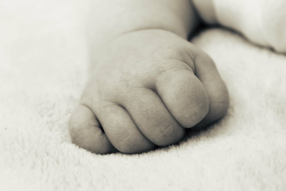 grayscale photography, baby, hand, newborn, small, finger, small child, child, human, faust
