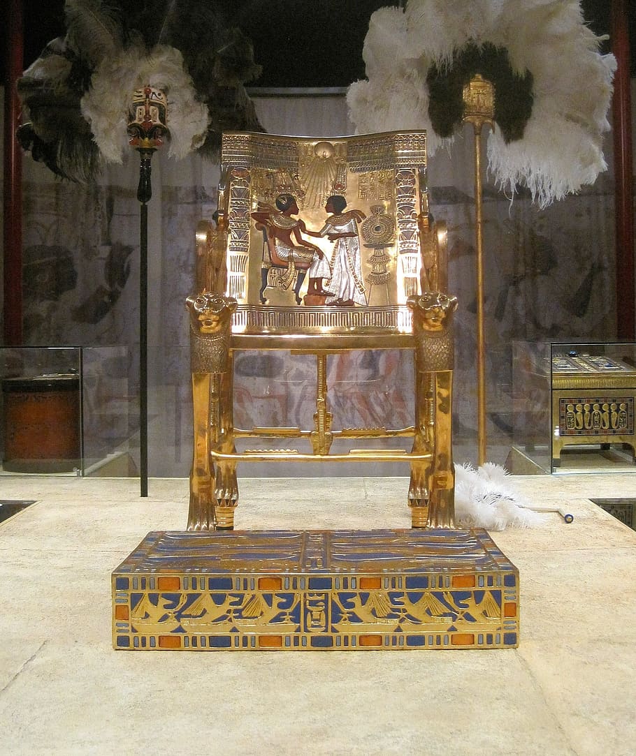 brown, wooden, pharaoh chair, throne, gold, opulent, king, historic, egyptian, art and craft