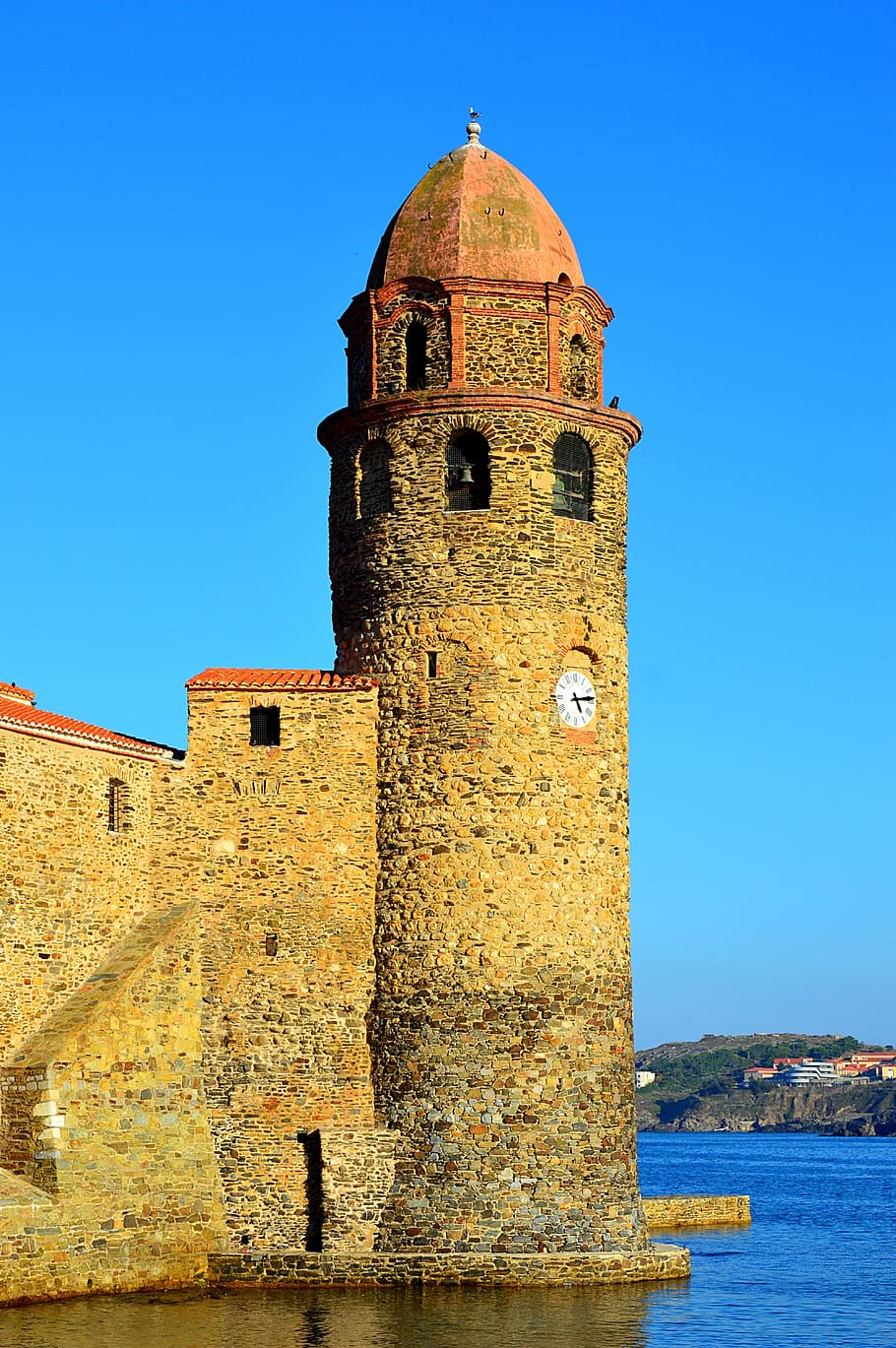 collioure, france, catalan, french town, mediterranean, church of our lady of the angels, sunset, built structure, architecture, building exterior