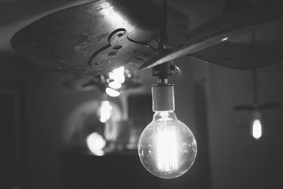 light bulb, gray, scale, photography, light, bulb, fan, blades, lightbulb, black and white