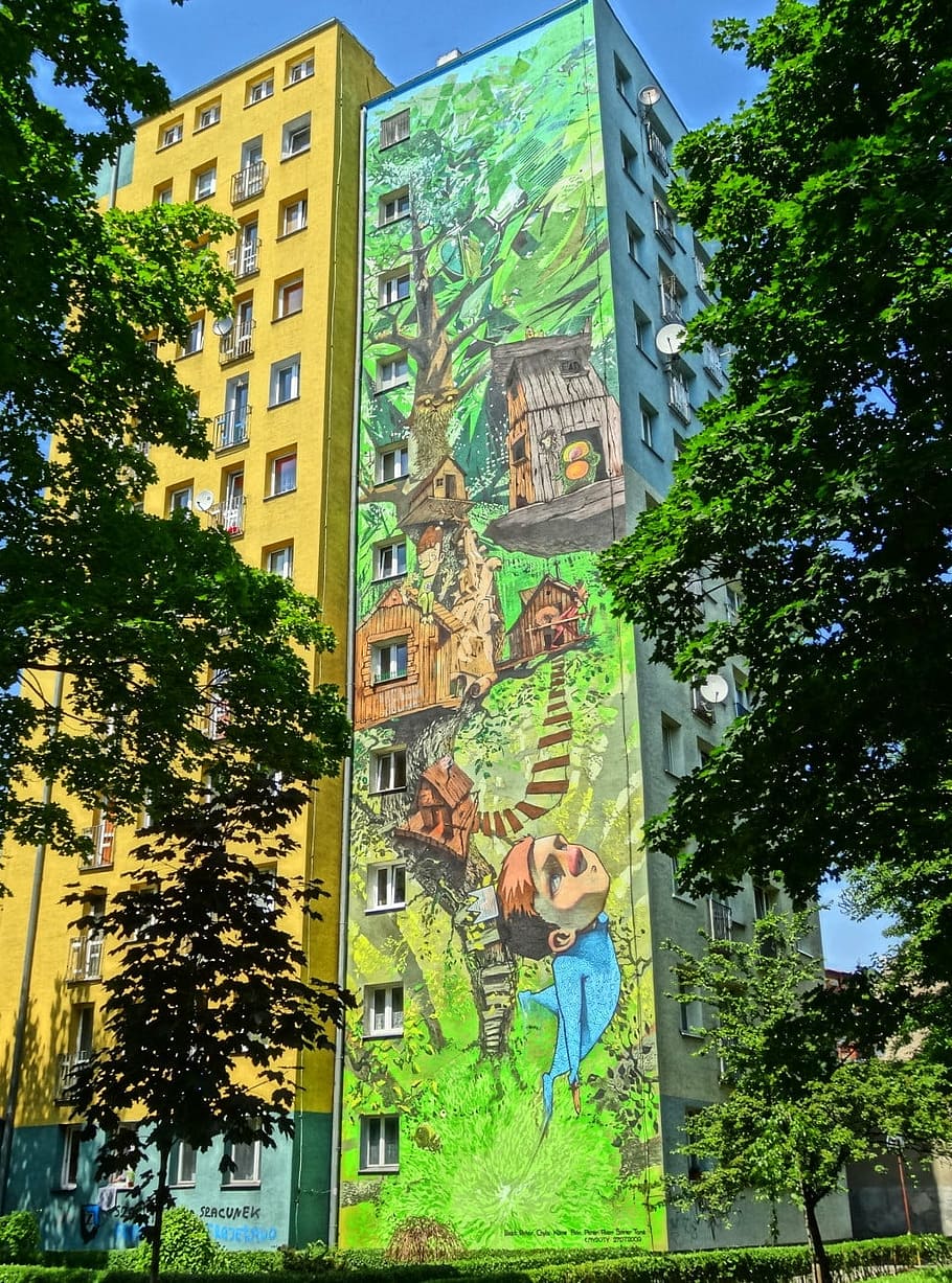 mural, moczynskiego street, bydgoszcz, painting, wall, house, building, new York City, building exterior, tree
