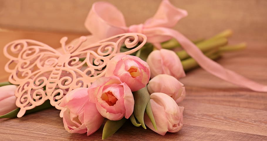 pink, rose, flower bouquet, table, tulips, tulipa, butterfly, butterfly pink, flowers, schnittblume