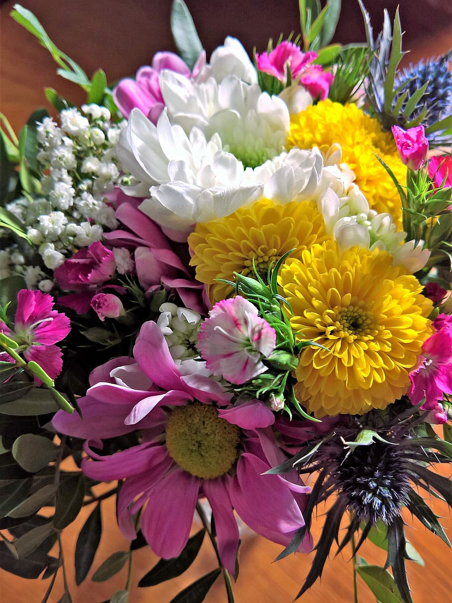 yellow, chrysanthemum flowers, pink, daisy, baby, breath flowers, blue, sea holly flowers, carnation flowers bouquet, flowers