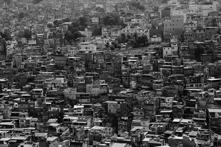 grayscale photography, houses, grayscale, buildings, city, town, architecture, hill, black and white, full frame