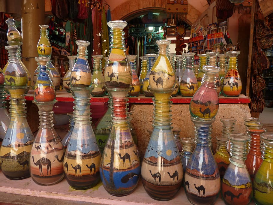 jordan, holiday, travel, middle east, sand, sand painting, glass bottle, bottle, choice, variation