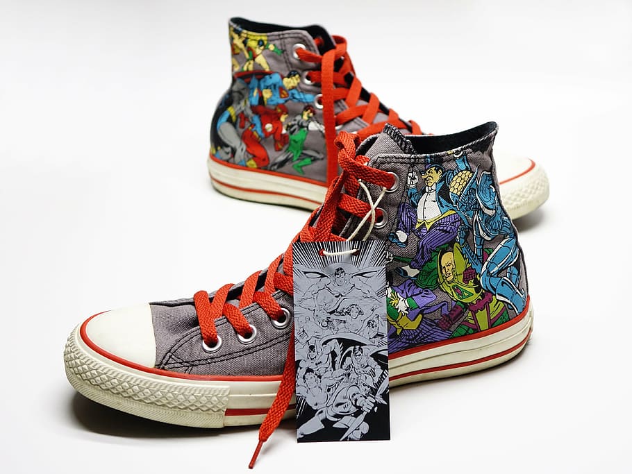 pair, multicolored, high-top sneakers, shoe, canvas, sneakers, casual, converse, super hero, outdoors