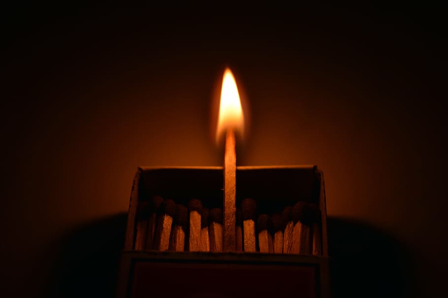 matchstick, lighted, inside, matchbox, flames, unique, being different, think, spiritual, different
