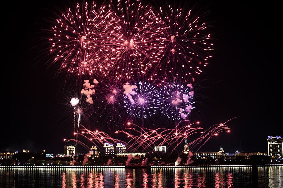 fireworks, lights, water, city, holiday, pyrotechnics, salute, sky, blast, night