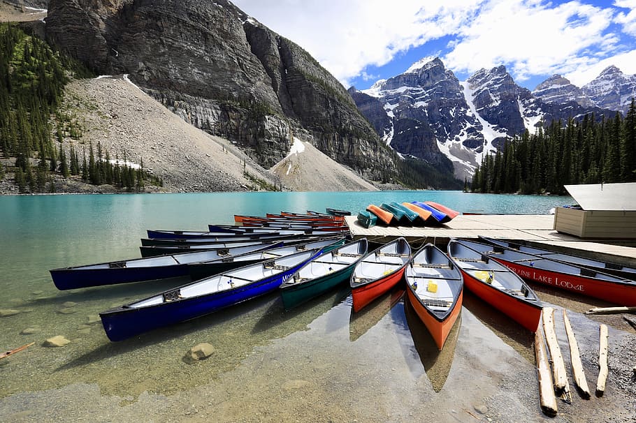 moraine lake, banff, national park, canada, mountain, water, transportation, nautical vessel, scenics - nature, mountain range