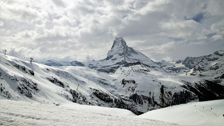 山, 覆われた, 雪, マッターホルン, アルプス, スイス, 氷, ツェルマット, 冬, 自然