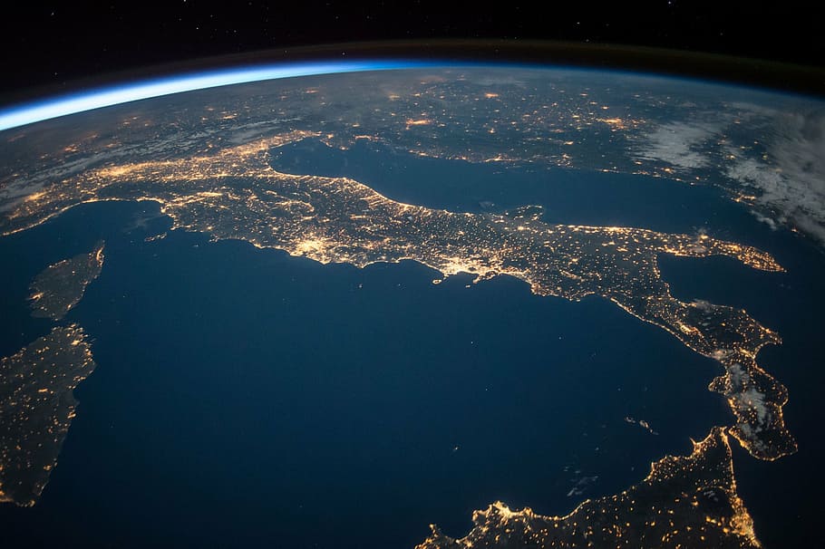 earth, outer, space, international space station, view, night, italy, mediterranean, ocean, sea