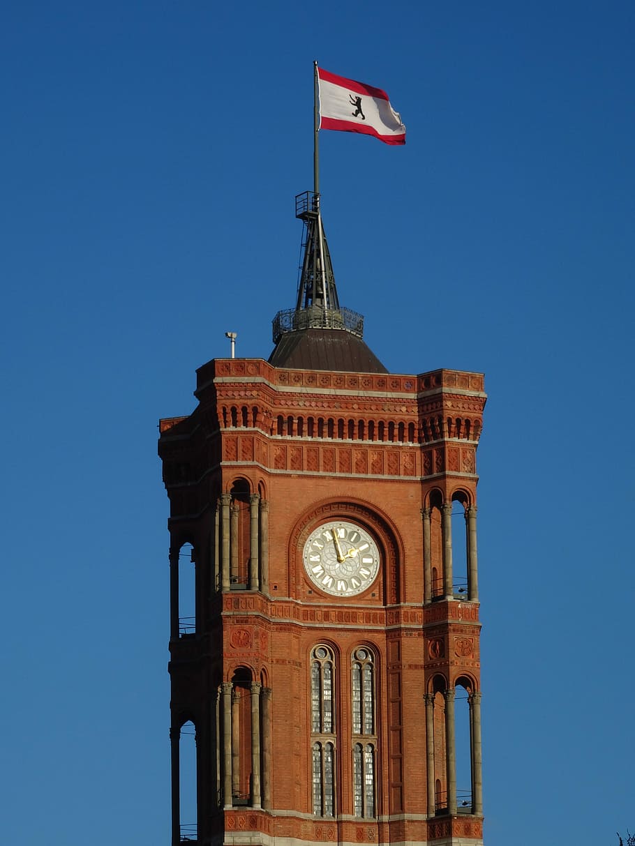 Berlin, Tower, Architecture, Capital, building, town hall, nikolaiviertel, flag, building exterior, clock tower