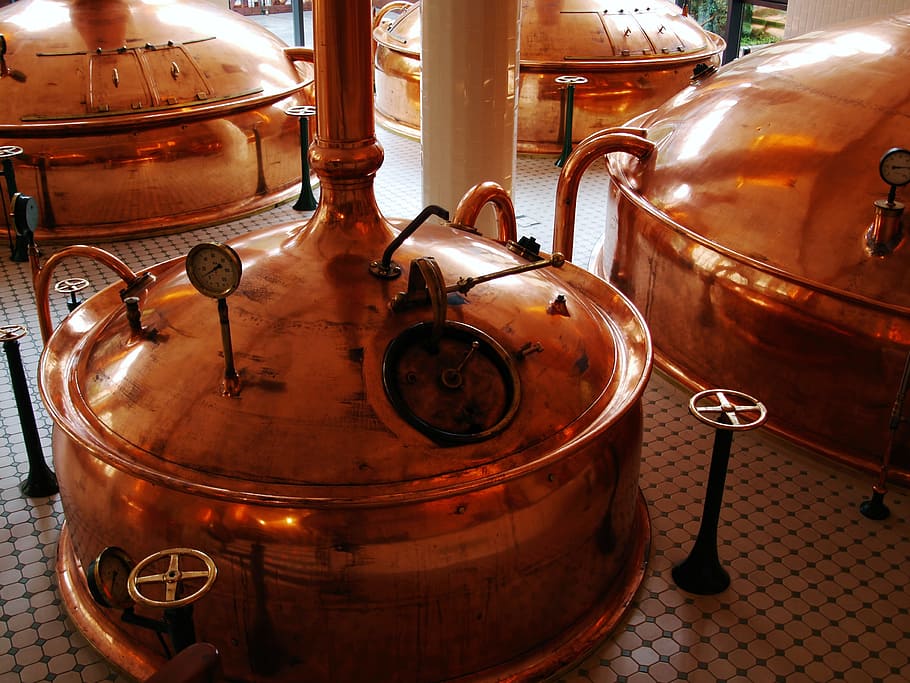 brass-colored metal container, factory, beer, production, brewery, alcohol, manufacture, fermenting, metallic, industry