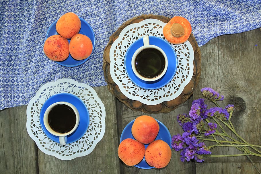 lunch, coffee, apricots, apricot, flowers, nutrition, breakfast, food, table, plate