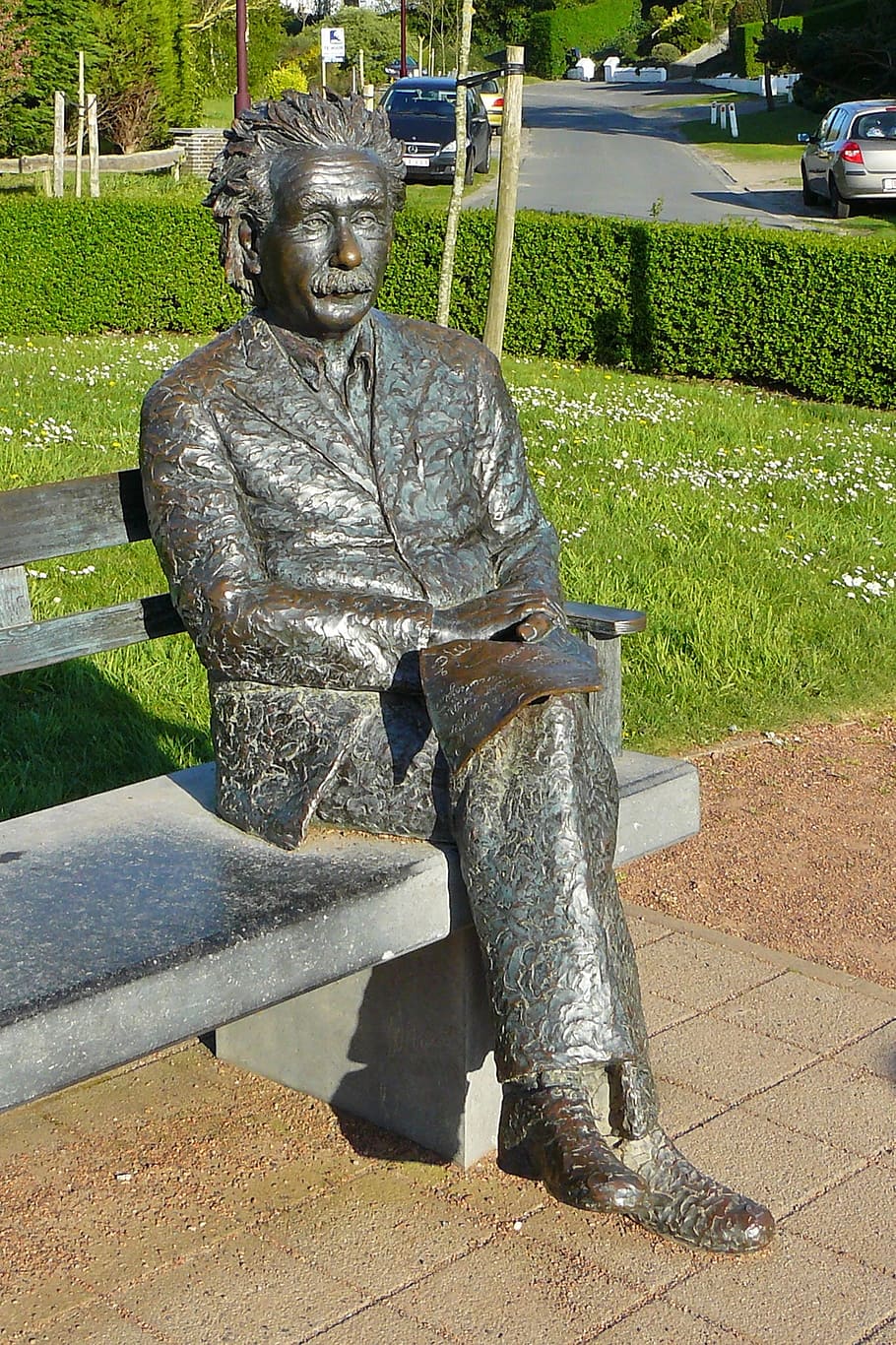 man, sitting, bench, albert einstein, scientists, genius, physicist, bronze statue, sculpture, monument