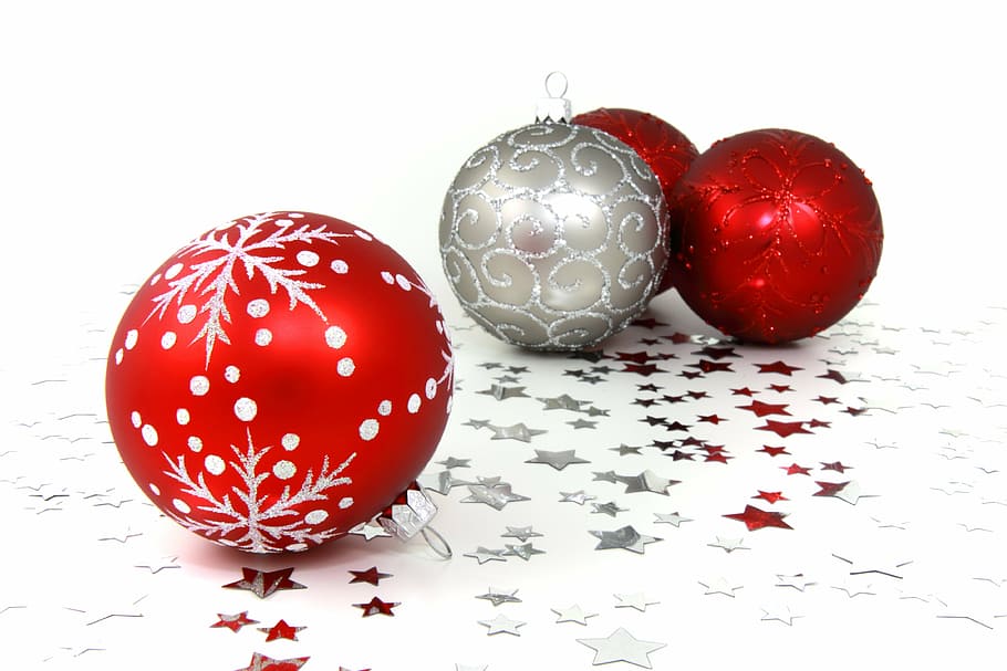 red, grey, baubles, white, background, balls, celebration, christmas, decoration, ornament