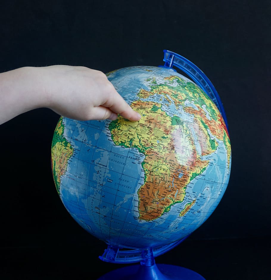 globus, mapa, dedo, terra, criança, pesquisa, apontando, viagens, desenhar, áfrica