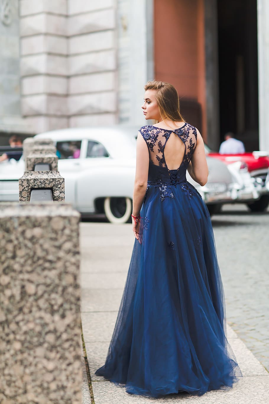 woman, wearing, blue, dress, looking, left, daytime, blue dress, girl, model - Pxfuel