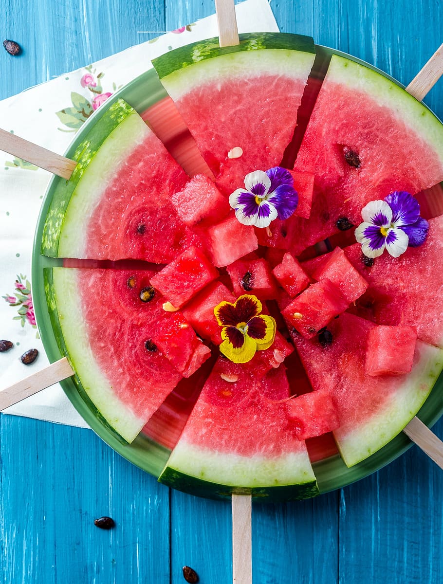 slice watermelon, yellow, petal flower, watermelon, summer, sweet, berry, fruit, closeup, fresh