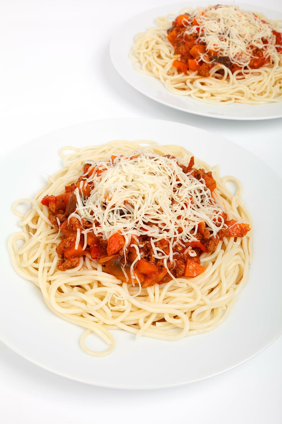 spaghetti, white, ceramic, plate, beef, cheese, cuisine, delicious, dinner, food