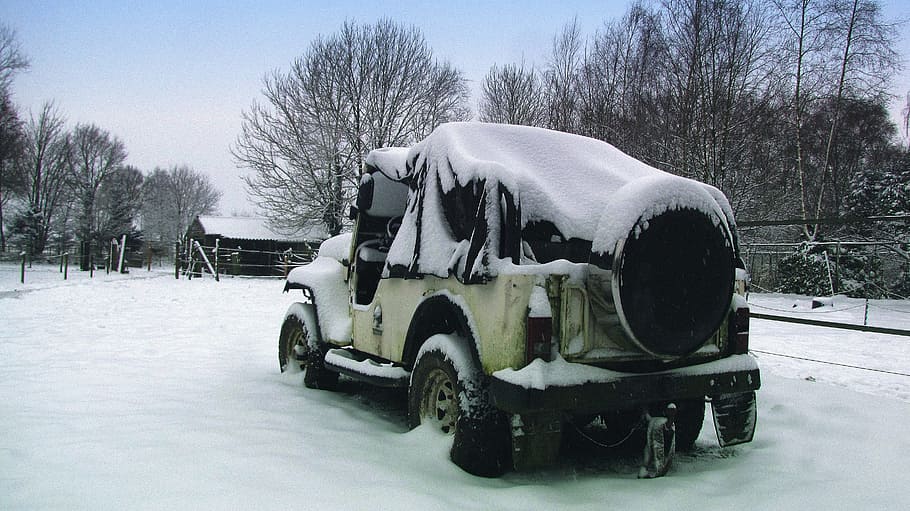jeep, car, snow, hibernation, winter, transport, vehicle, jammed, car breakdown, cold temperature