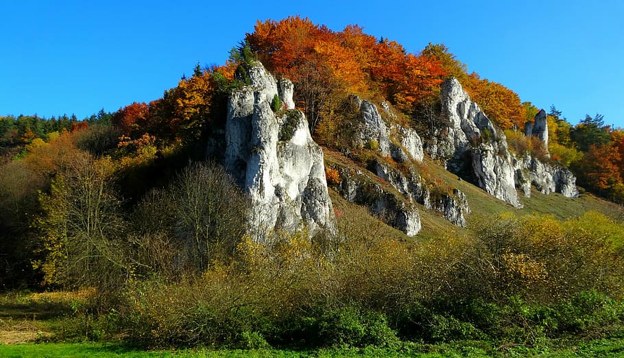 Otoño, rocas, calizas, paisaje, Polonia, belleza, turismo, recorrido, parque nacional de paternidad, naturaleza
