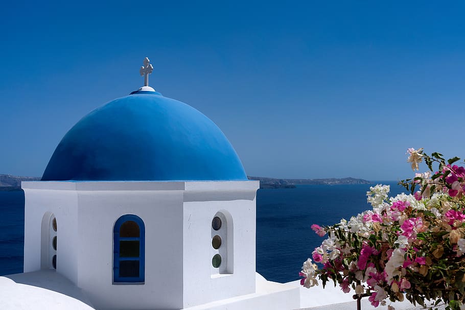 Santorini, Igreja, Grécia, crença, cúpula, religião, espiritualidade, local de culto, azul, arquitetura