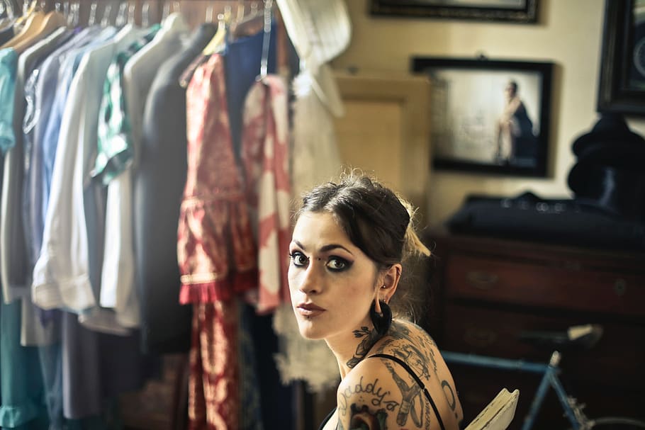 fashion, model, clothes, tattoo, girl, female, people, makeup, portrait, indoors