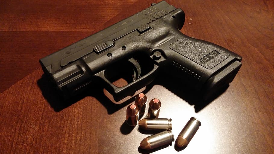 black, semi-automatic, pistol, bullets, table, handgun, firearms, gun, weapons, concealed