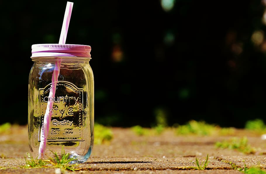verão trinkglas, cor, palha, pontos, tampa, estilo country, fonte, sensação de verão, vidro, bebida