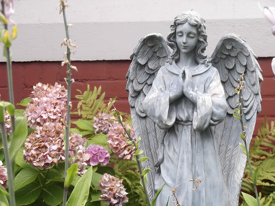 gray angel statue, garden, angel, statue, gardening, wings, sculpture, fairy, human representation, representation