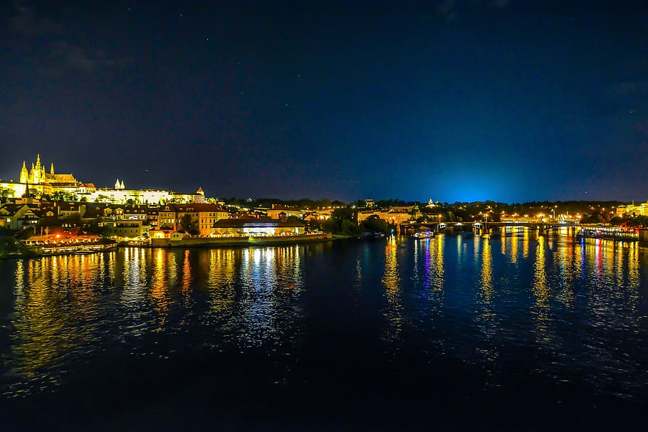 Prague, River, Castle, St Vitus, medieval, bridge, panorama, water, sky, praha