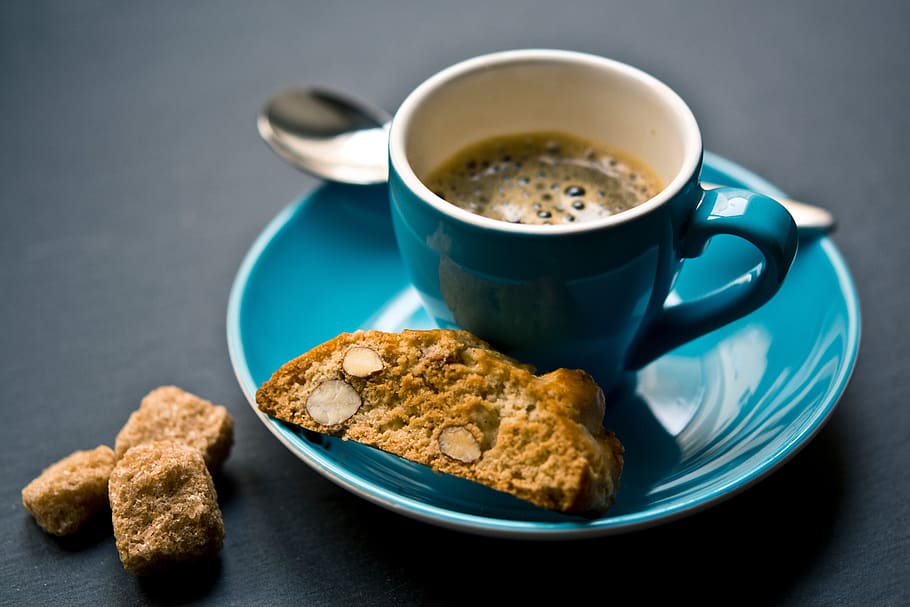 café, arte, café com leite, manhã, quente, bebida, mesa, assar, biscoitos, azul