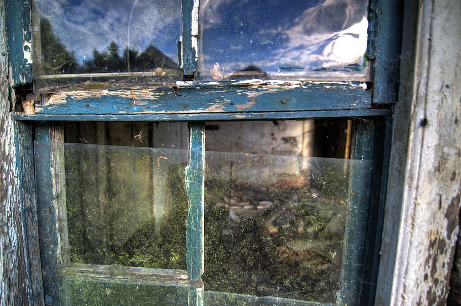 blue, wooden, framed, clear, glass windowpane, Abandoned, House, Window, Rot, Wood, Old