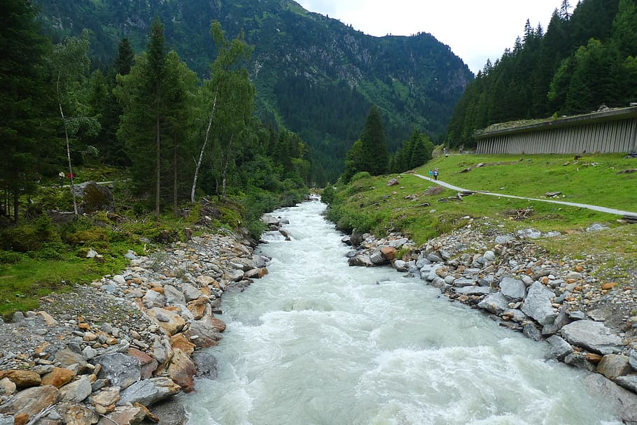 río, flujo, agua, turismo, austria, alcanzado, naturaleza, senderismo, piedras, montañas