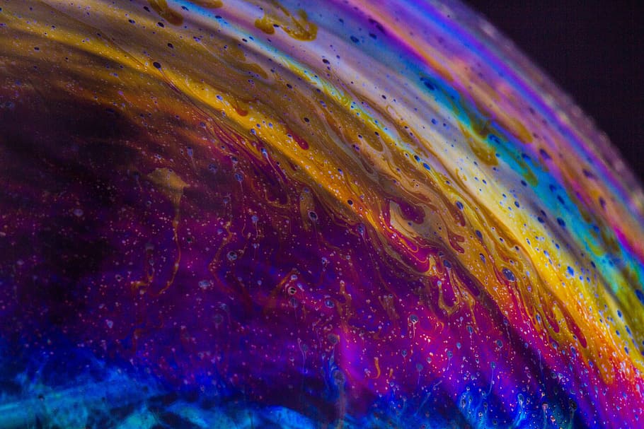 Burbujas, arco iris, macro, líquido, jabón, agua, transparente, azul, espuma, lavado