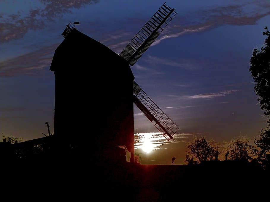 silhouette, windmill, trees, mill, sky, evening, clouds, light, architecture, built structure