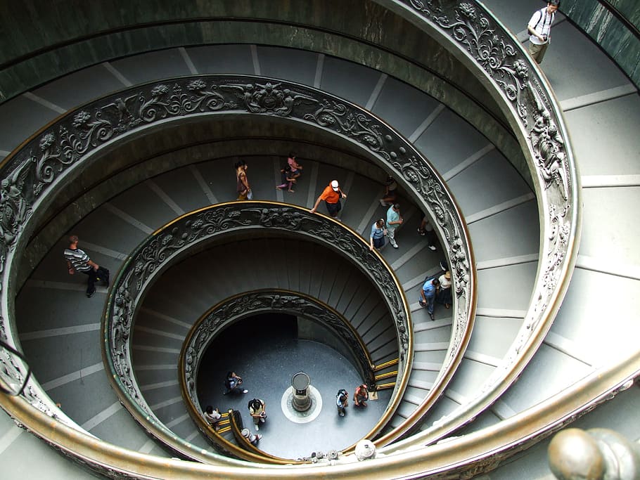 top, view photography, spiral stair, st peter's basilica, staircase, shaft, architecture, architectural, building, edifice