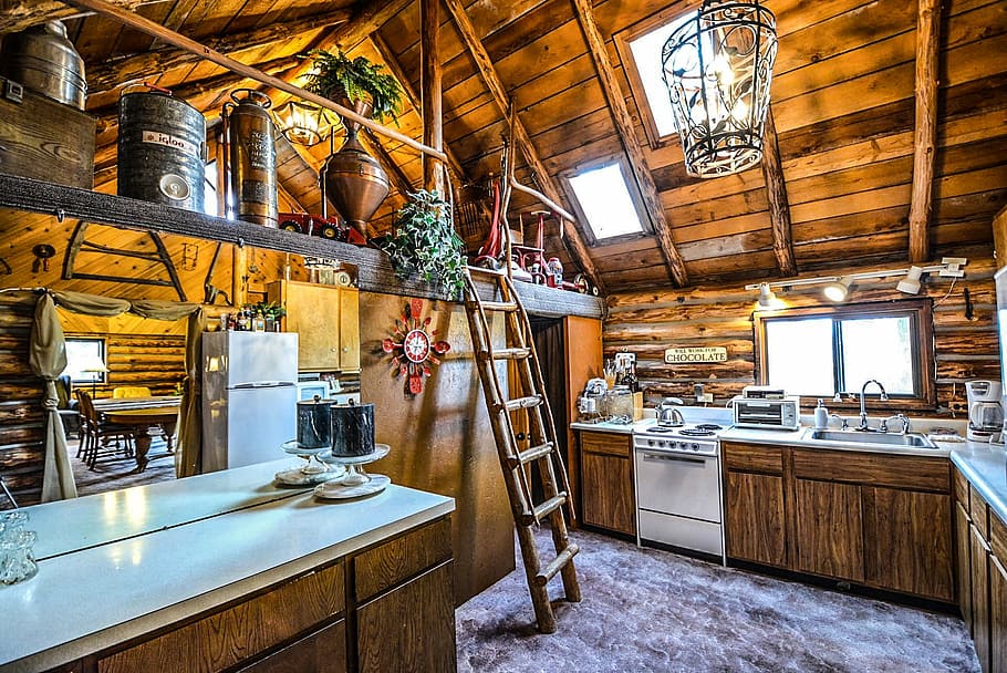 brown, wooden, house, interior, log, cabin, rustic, home, kitchen, ladder