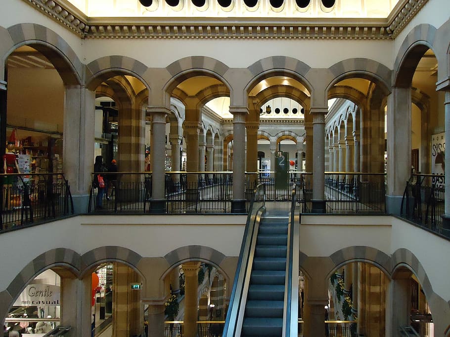 centro comercial, amsterdam, escalera mecánica, arcos, arquitectura, interiores, arquitectura y edificios, estructura construida, escalera, arco