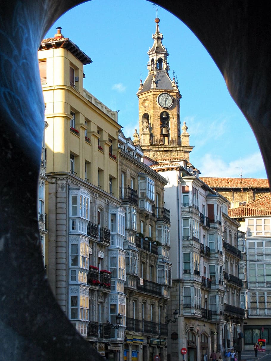 Vitoria, Plaza, Bell Tower, Virgin, White, virgin white, balconies, black stone, architecture, building exterior
