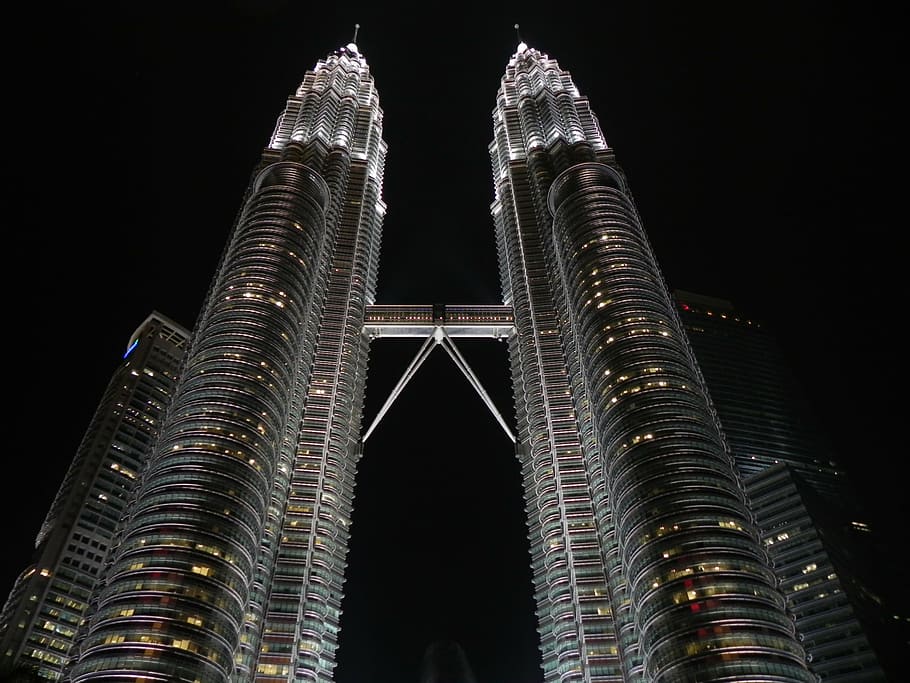 petronas tower, low, angle shot, nighttime, malaysia, kuala, lumpur, city, petronas, architecture