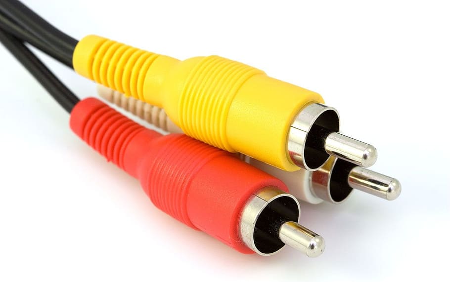 red, yellow, white, aux, cable close-up photography, cables, video, audio, composite, electronic