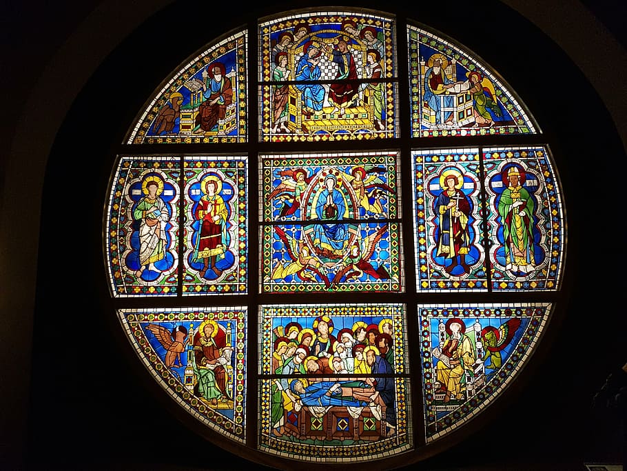 stained glass window, art, cathedral, glass, rosette, tuscany, church, religion, spirituality, christianity
