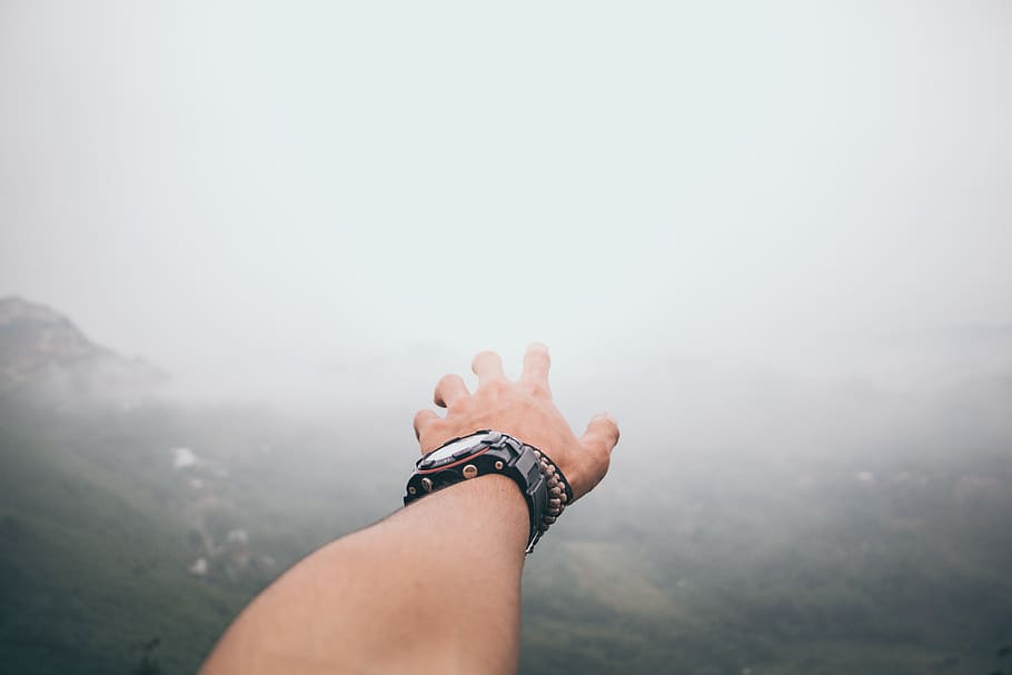 hand, watch, bracelet, fog,cold, mountain, highland, nature, blur, human body part, one person